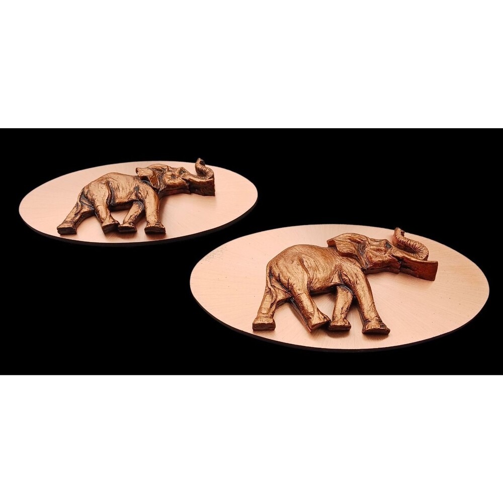 VTG Set of 2 Hand Etched Copper 3D Elephant Oval Wall Hangings / Plaques RARE - Picture 2 of 5